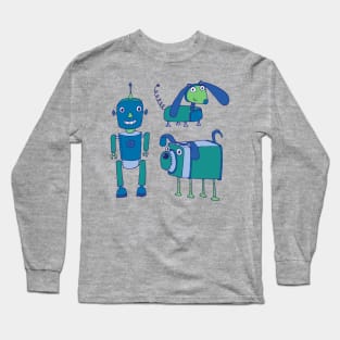 Robot Friends - cute retro robot design in blue and green Long Sleeve T-Shirt